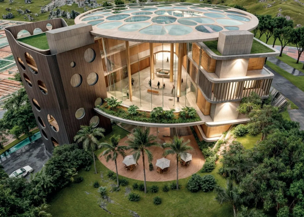 Visualización aérea del edificio con cubierta de claraboyas circulares y jardines