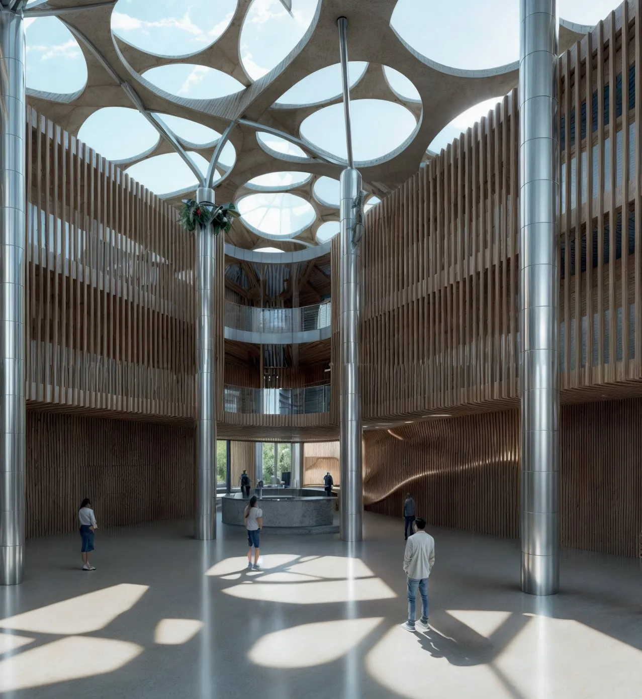 Visualización del atrio central con columnas metálicas y luz cenital