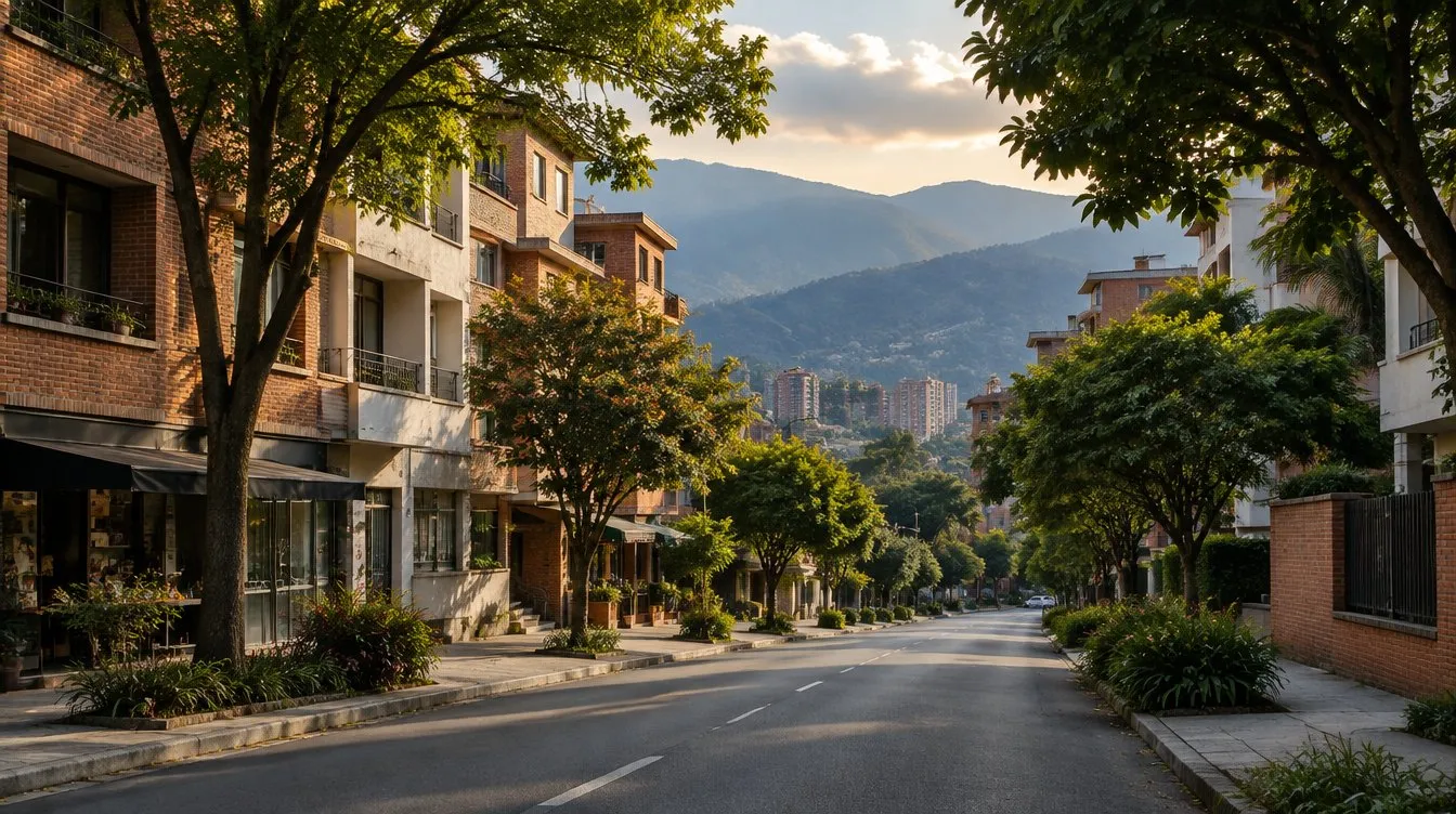 Calle arborizada de un barrio residencial de Medellín al atardecer