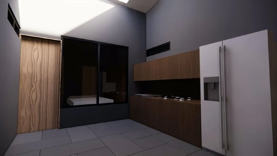 Visualización de la cocina compartida con acabados en madera y gris