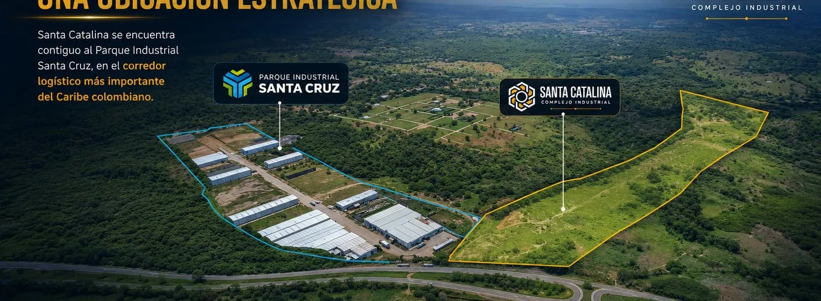 Vista aérea con el Parque Industrial Santa Cruz y, a su lado, el terreno de Santa Catalina junto a la variante Mamonal–Gambote