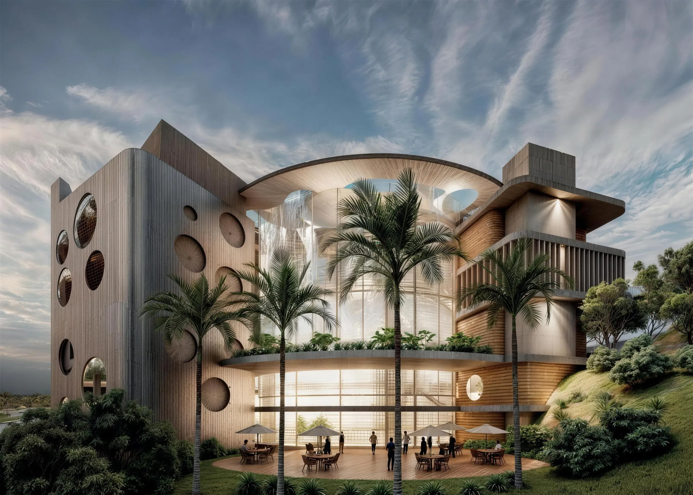 Visualización del edificio de la clínica, con fachada de madera y ventanas circulares, entre palmeras