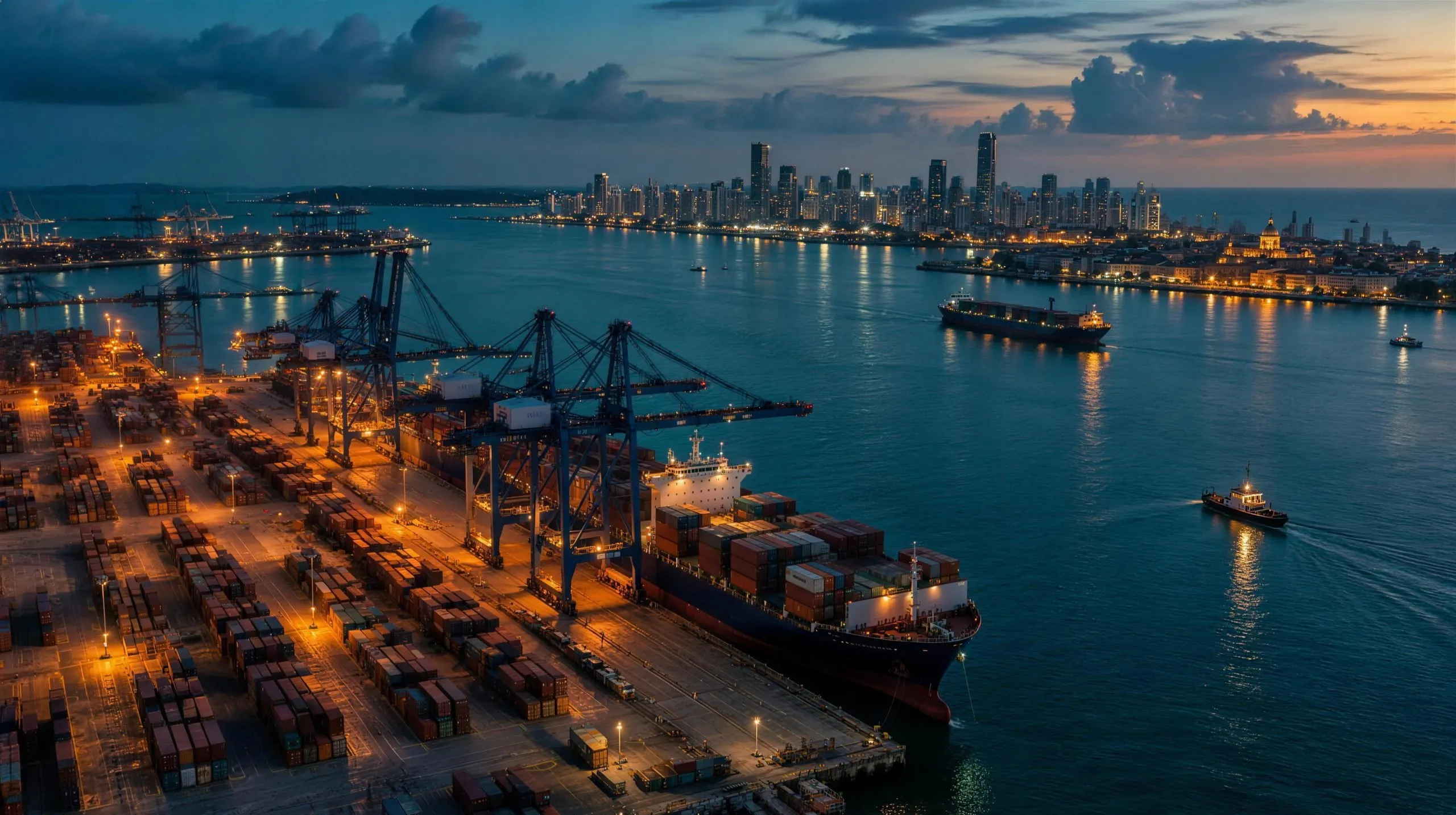 Bahía de Cartagena con terminal de contenedores al anochecer