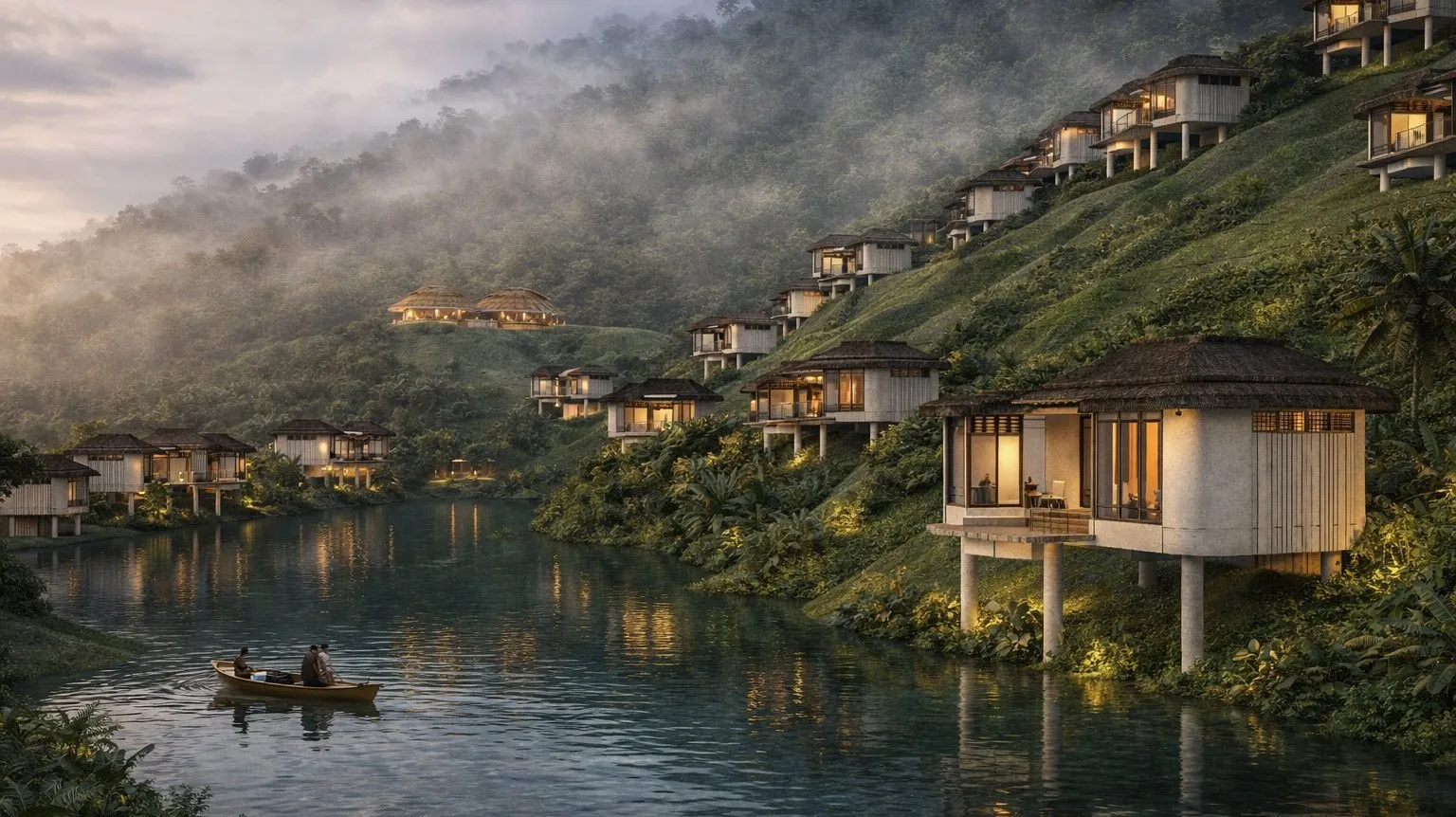 Visualización de cabañas sobre pilotes a orillas de un lago entre montañas con niebla