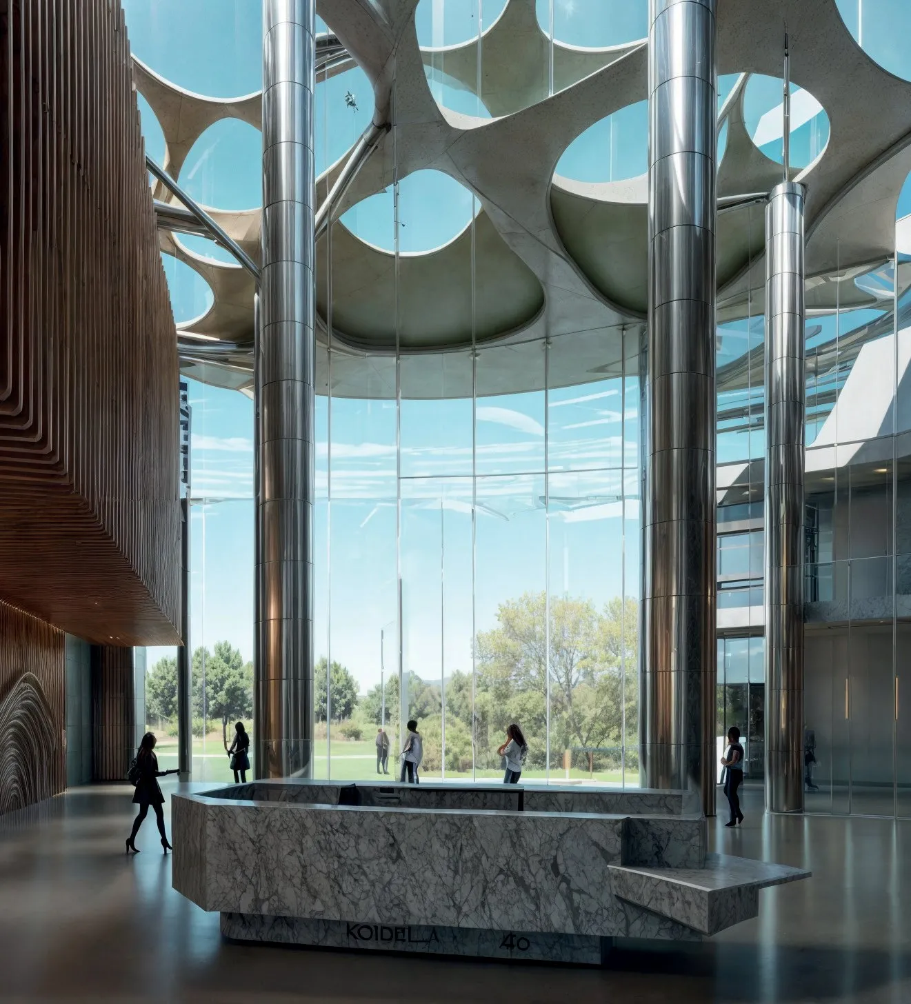 Visualización del lobby de doble altura con recepción en piedra y cubierta perforada