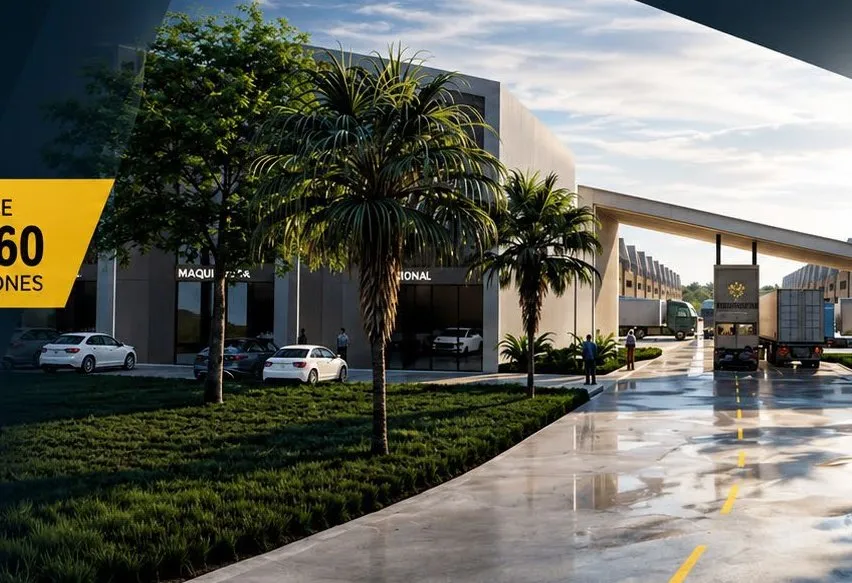 Visualización de la portería del complejo con palmeras y un camión entrando
