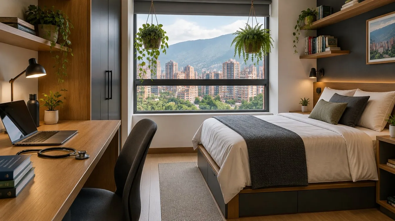 Habitación amoblada con escritorio, cama y ventana hacia la ciudad